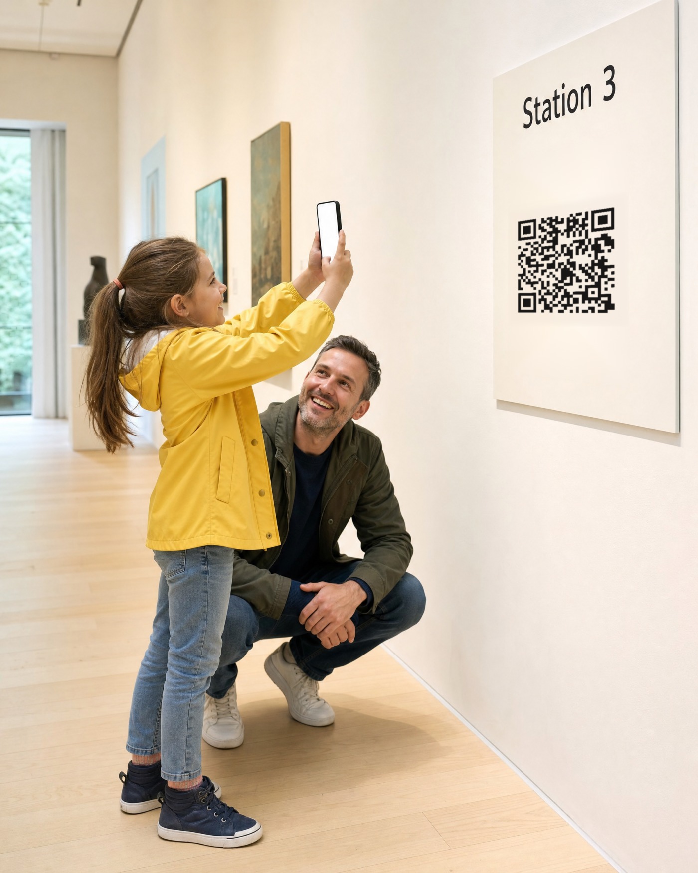 A girl holds a phone up to the “Station 3” panel in a museum, her father crouching next to her.