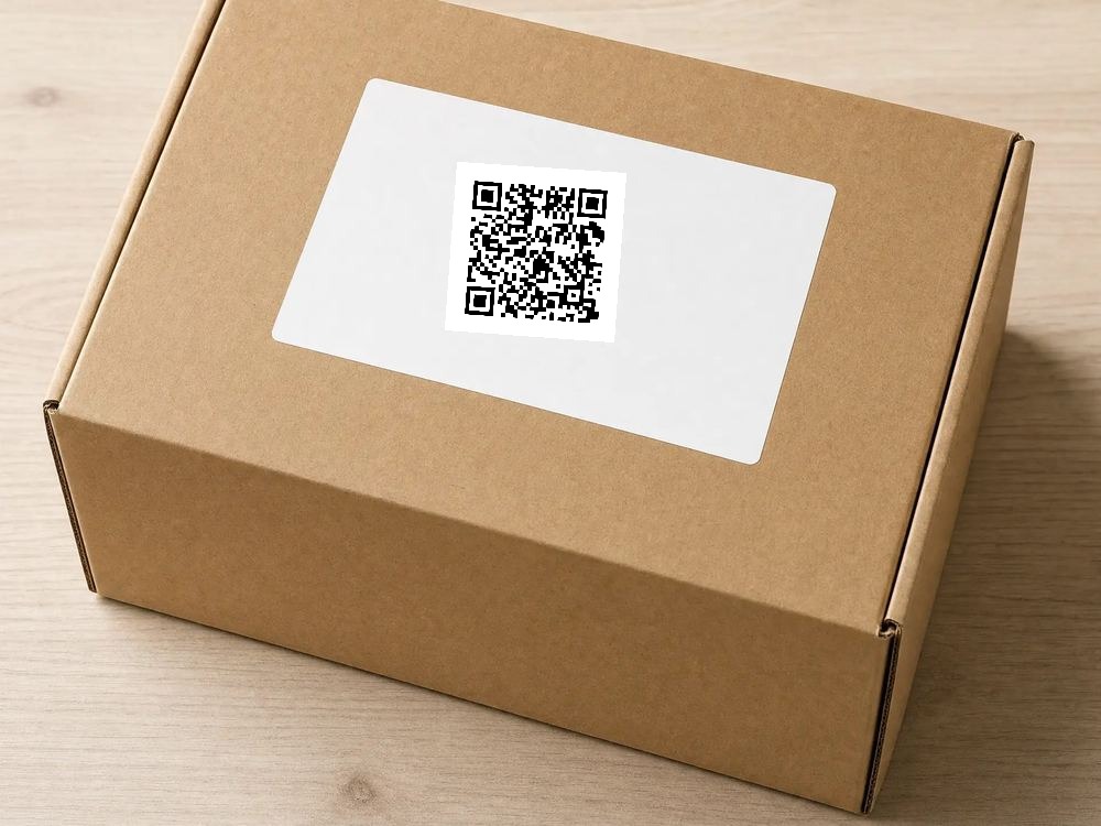 A cardboard box with a label, carrying the code