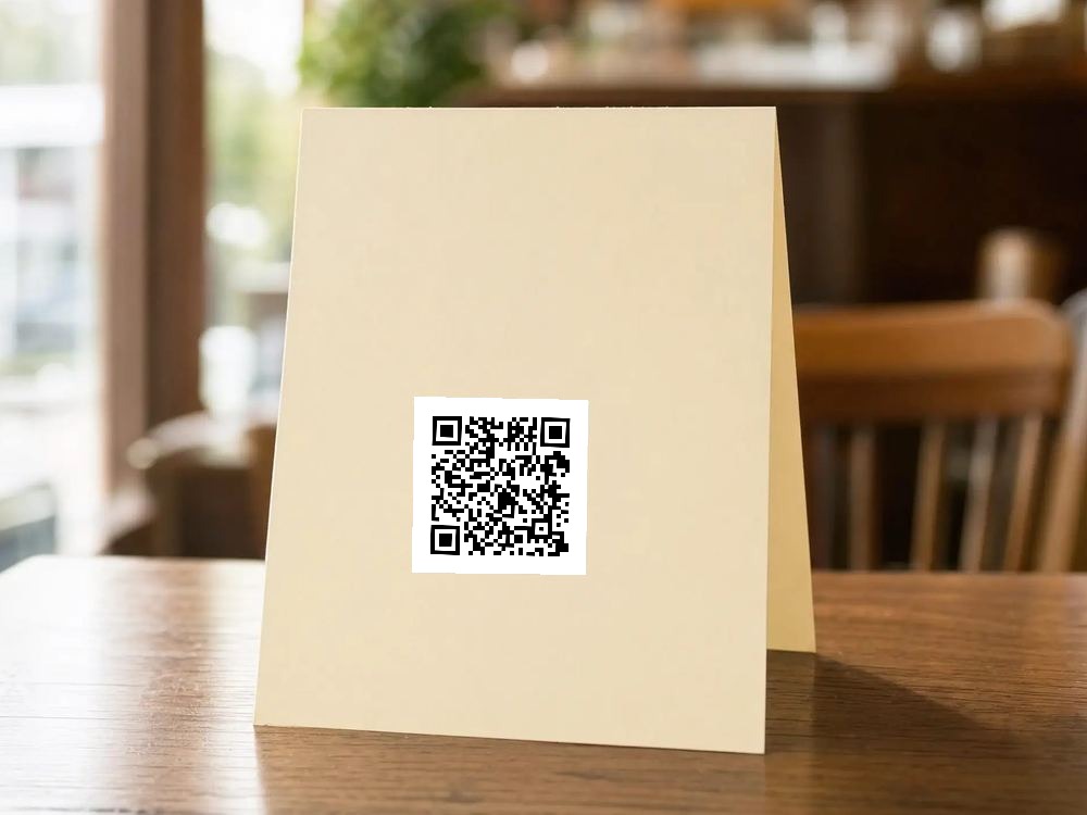 A folded card on a cafe table, carrying the code