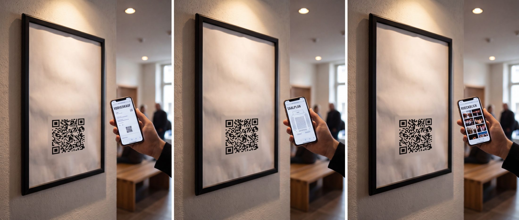 A poster in a snap frame in a foyer, three times, with the same code.